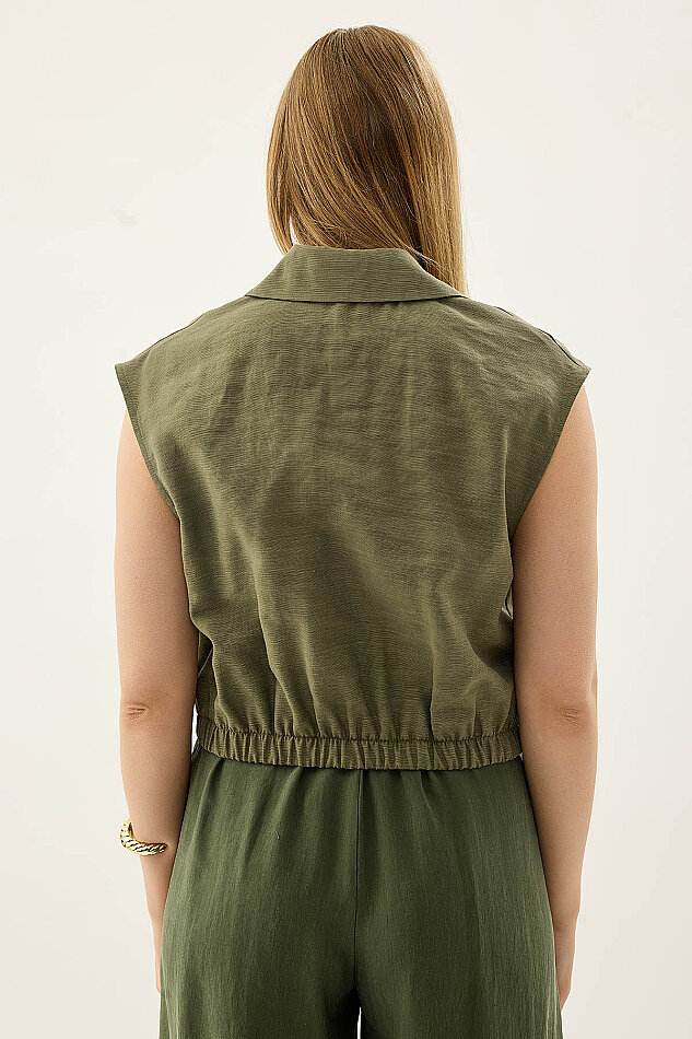 Beli Lastikli Önü Düğmeli Sıfır Kol Bluz - 11