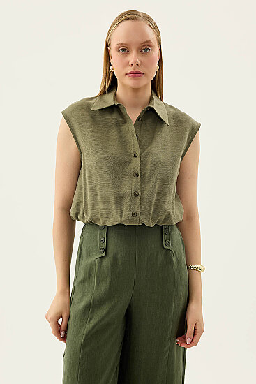 Beli Lastikli Önü Düğmeli Sıfır Kol Bluz - 7