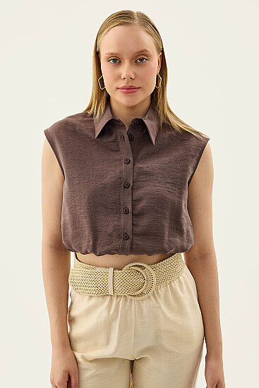 Beli Lastikli Önü Düğmeli Sıfır Kol Bluz - 18