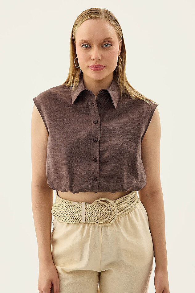 Beli Lastikli Önü Düğmeli Sıfır Kol Bluz - 18