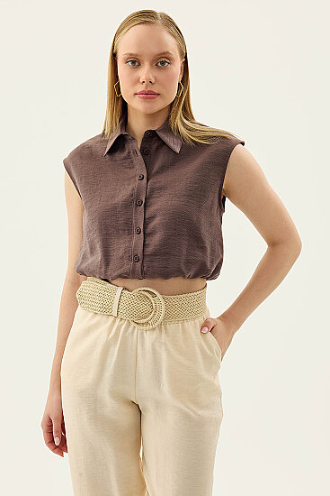 Beli Lastikli Önü Düğmeli Sıfır Kol Bluz - 19