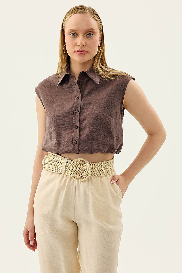 Beli Lastikli Önü Düğmeli Sıfır Kol Bluz - 19