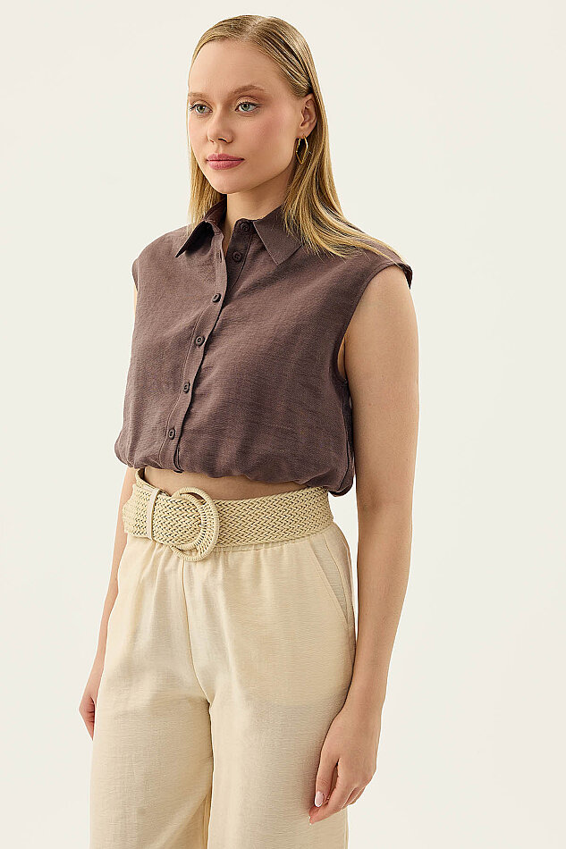 Beli Lastikli Önü Düğmeli Sıfır Kol Bluz - 20