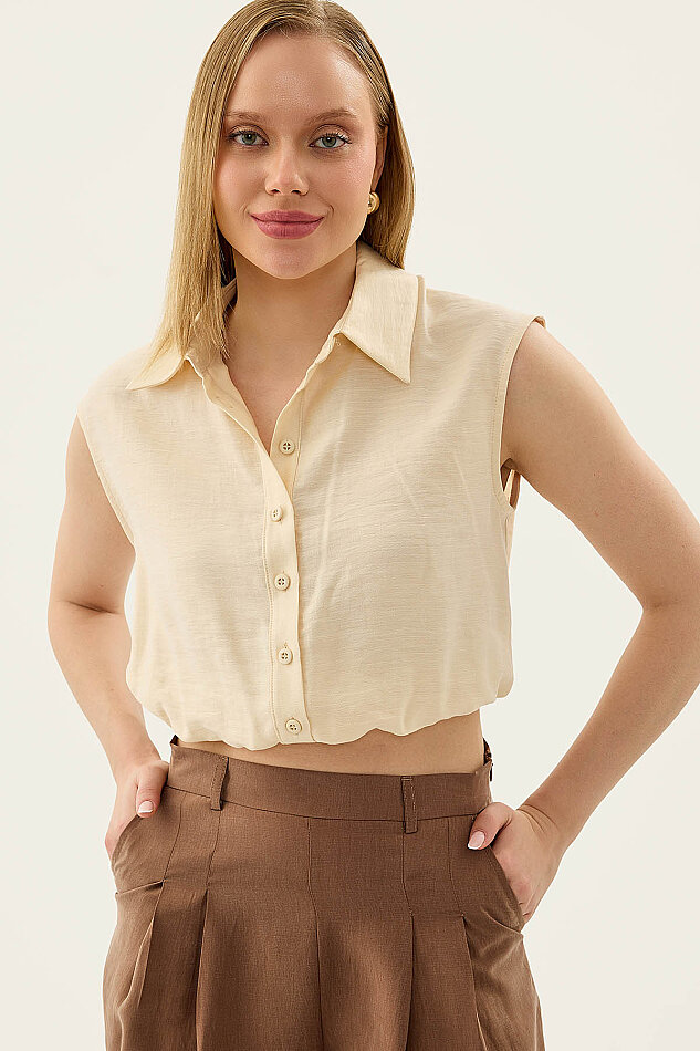 Beli Lastikli Önü Düğmeli Sıfır Kol Bluz - 28