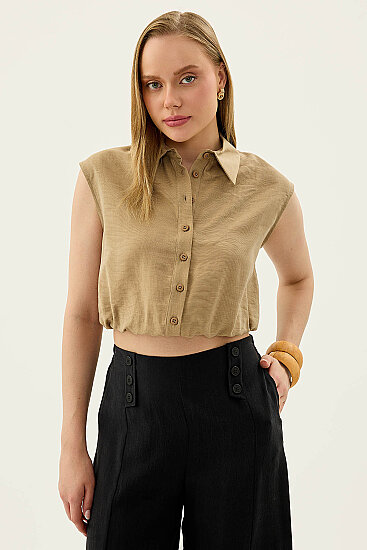 Beli Lastikli Önü Düğmeli Sıfır Kol Bluz - 29