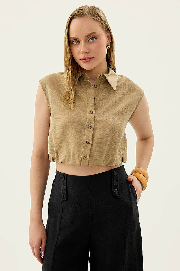 Beli Lastikli Önü Düğmeli Sıfır Kol Bluz - 29