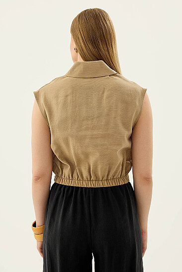 Beli Lastikli Önü Düğmeli Sıfır Kol Bluz - 33