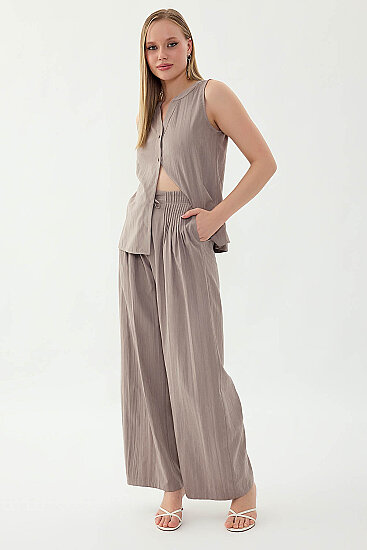 Beli Lastikli Önü Pileli Geniş Paça Pantolon - 3