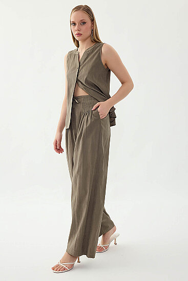 Beli Lastikli Önü Pileli Geniş Paça Pantolon - 8