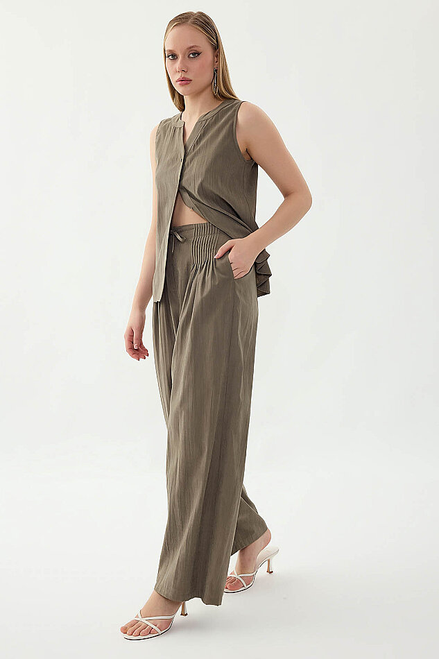 Beli Lastikli Önü Pileli Geniş Paça Pantolon - 8