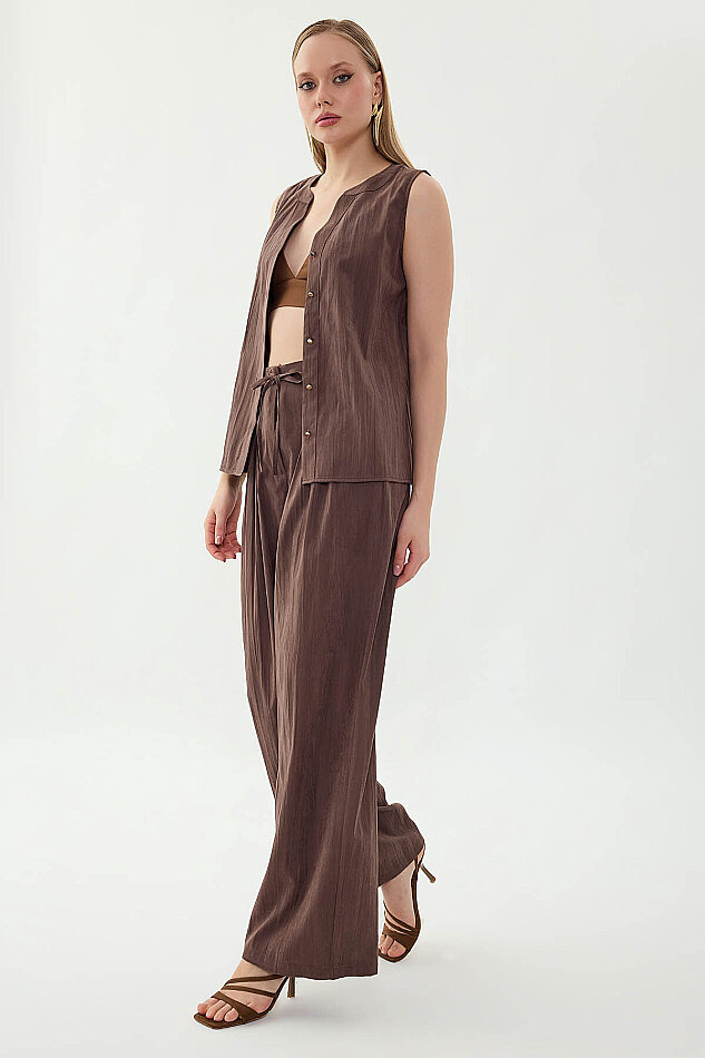 Beli Lastikli Önü Pileli Geniş Paça Pantolon - 12