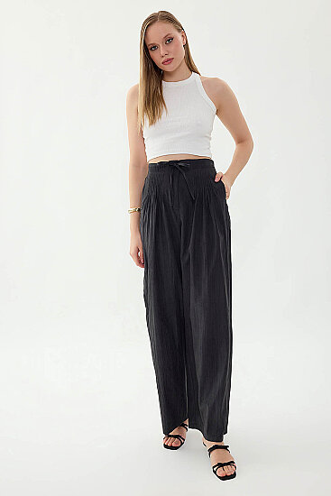 Beli Lastikli Önü Pileli Geniş Paça Pantolon - 17