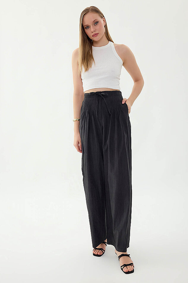 Beli Lastikli Önü Pileli Geniş Paça Pantolon - 17