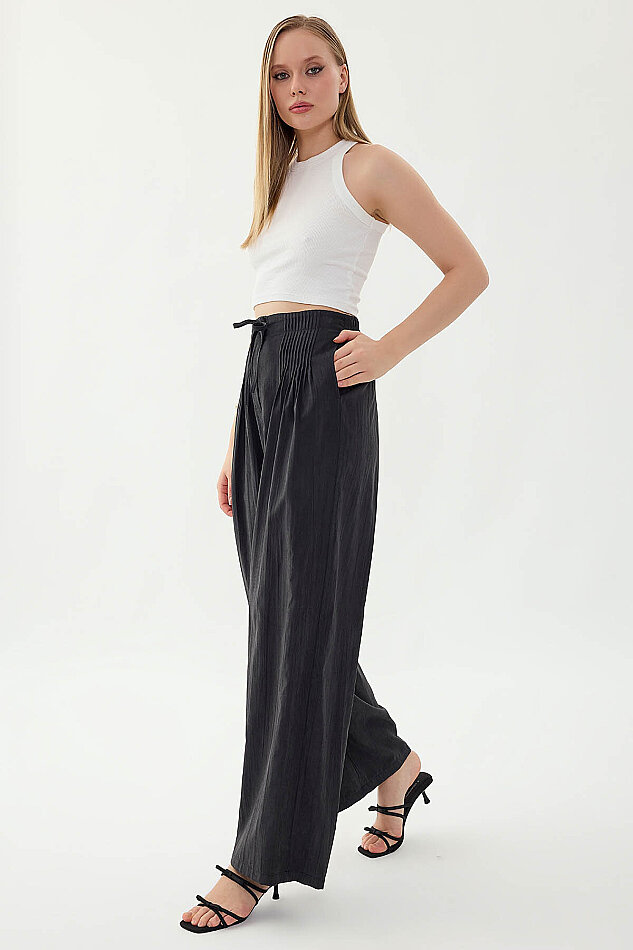 Beli Lastikli Önü Pileli Geniş Paça Pantolon - 18