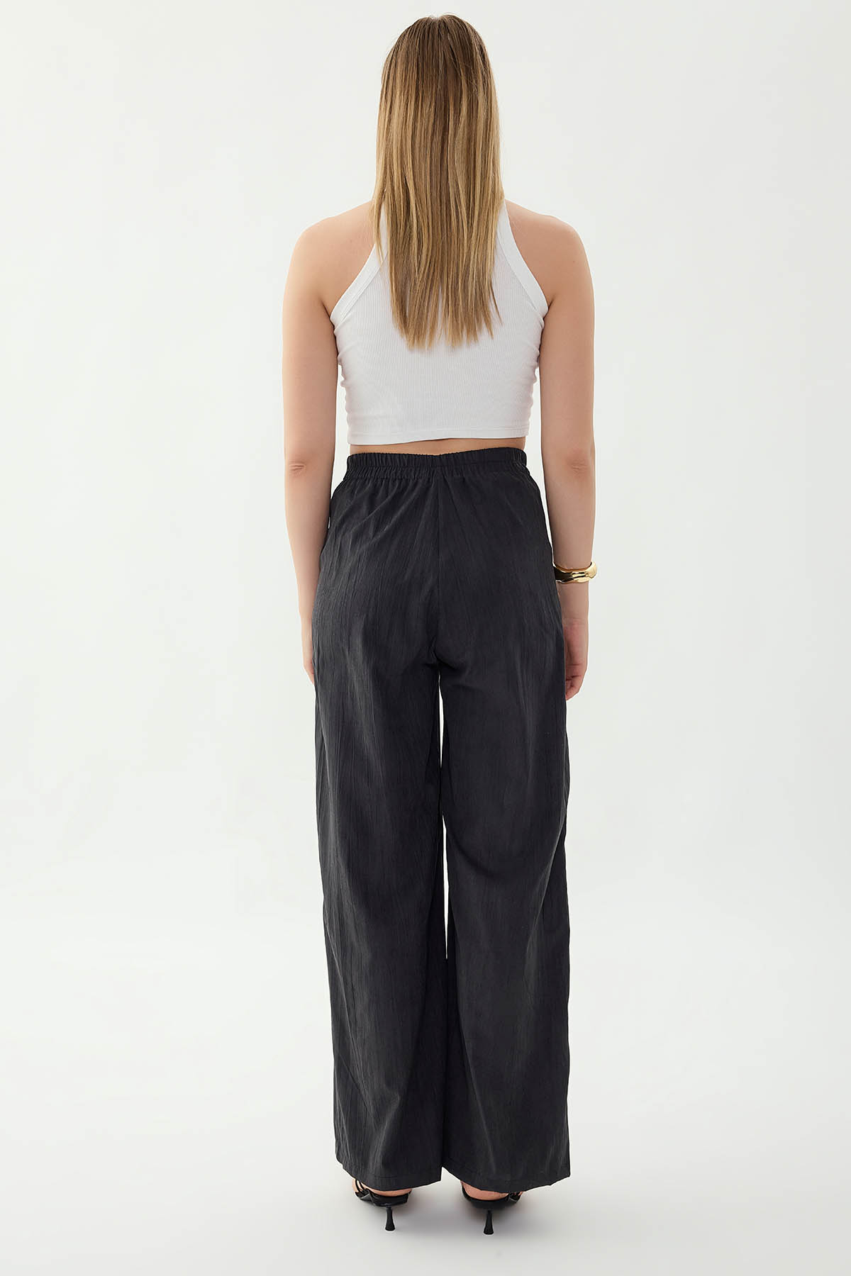 Beli Lastikli Önü Pileli Geniş Paça Pantolon - Thumbnail