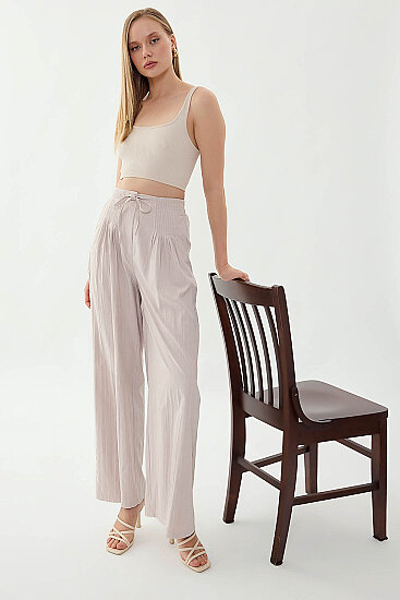 Beli Lastikli Önü Pileli Geniş Paça Pantolon - 22