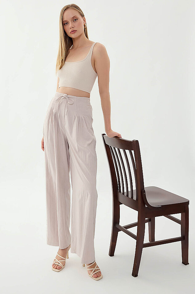 Beli Lastikli Önü Pileli Geniş Paça Pantolon - 22