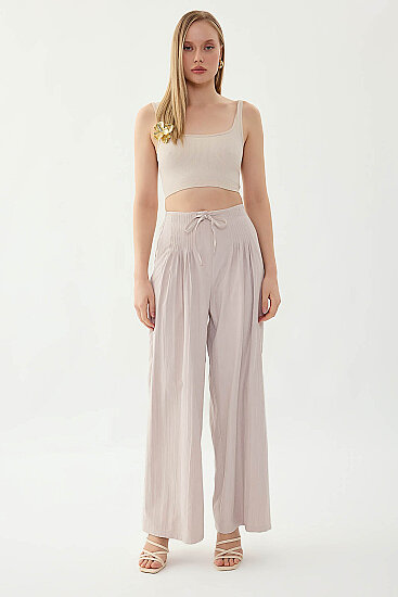 Beli Lastikli Önü Pileli Geniş Paça Pantolon - 21