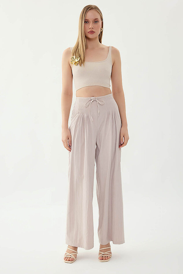 Beli Lastikli Önü Pileli Geniş Paça Pantolon - 21