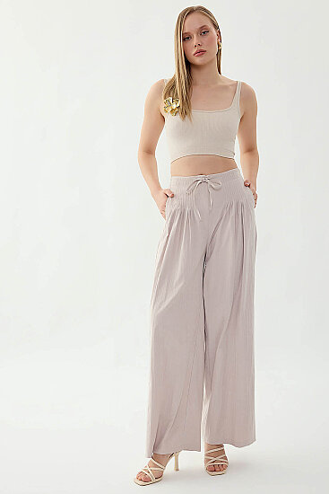 Beli Lastikli Önü Pileli Geniş Paça Pantolon - 23