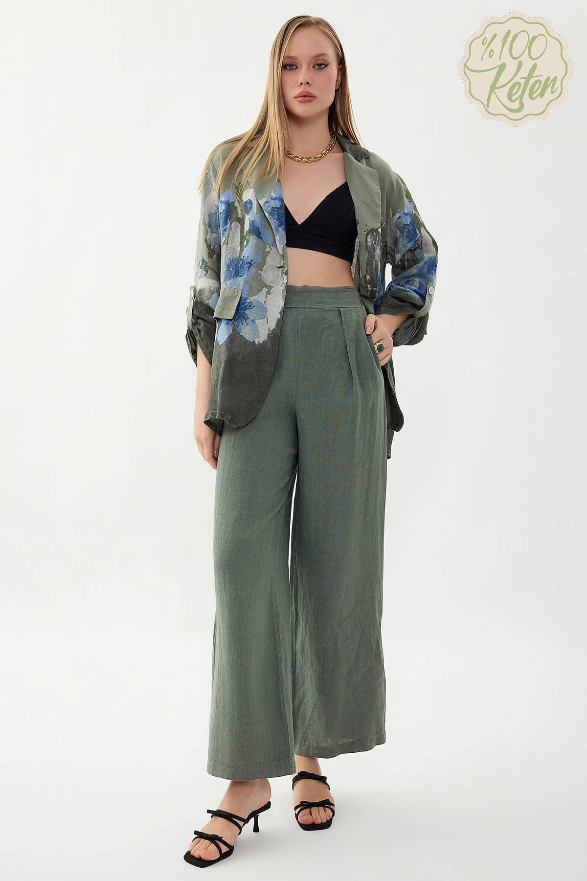 %100 Keten Beli Lastikli Önü Pileli Pantolon - Thumbnail