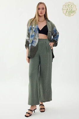 %100 Keten Beli Lastikli Önü Pileli Pantolon