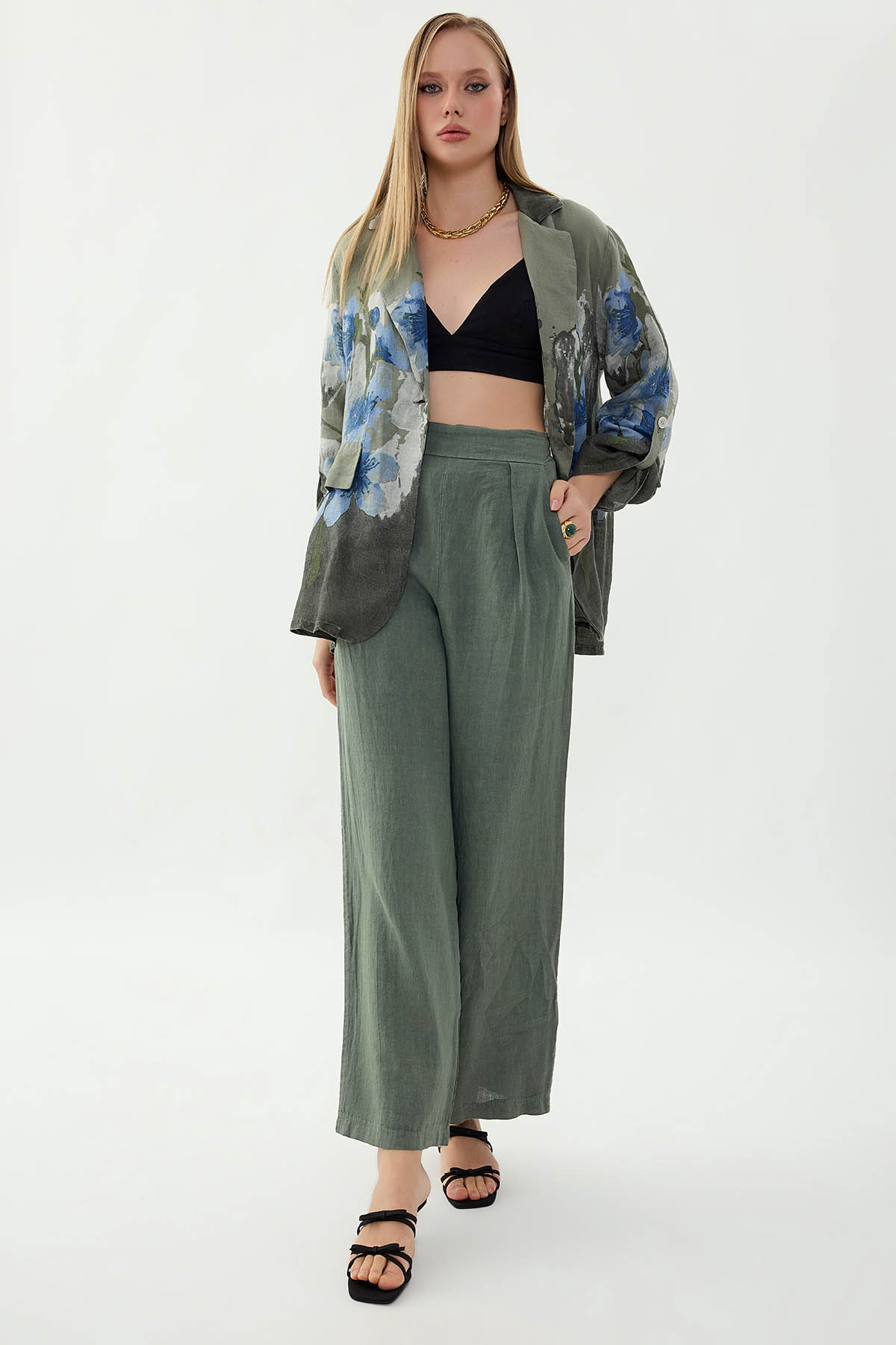 %100 Keten Beli Lastikli Önü Pileli Pantolon - Thumbnail