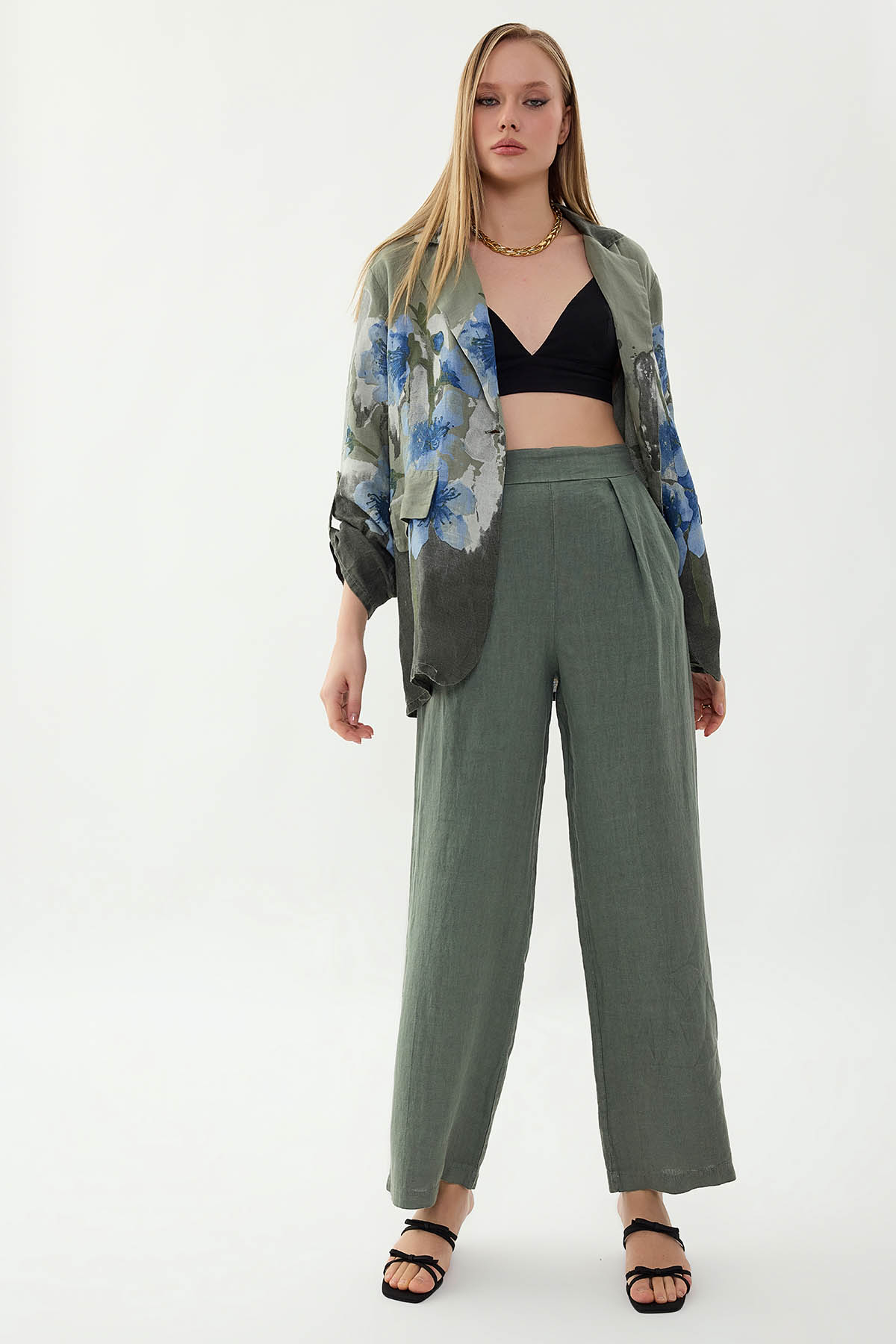 %100 Keten Beli Lastikli Önü Pileli Pantolon - Thumbnail