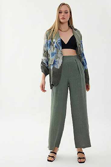 %100 Keten Beli Lastikli Önü Pileli Pantolon - 4