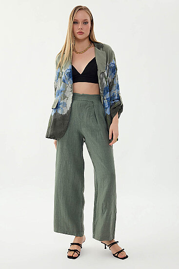 %100 Keten Beli Lastikli Önü Pileli Pantolon - 6