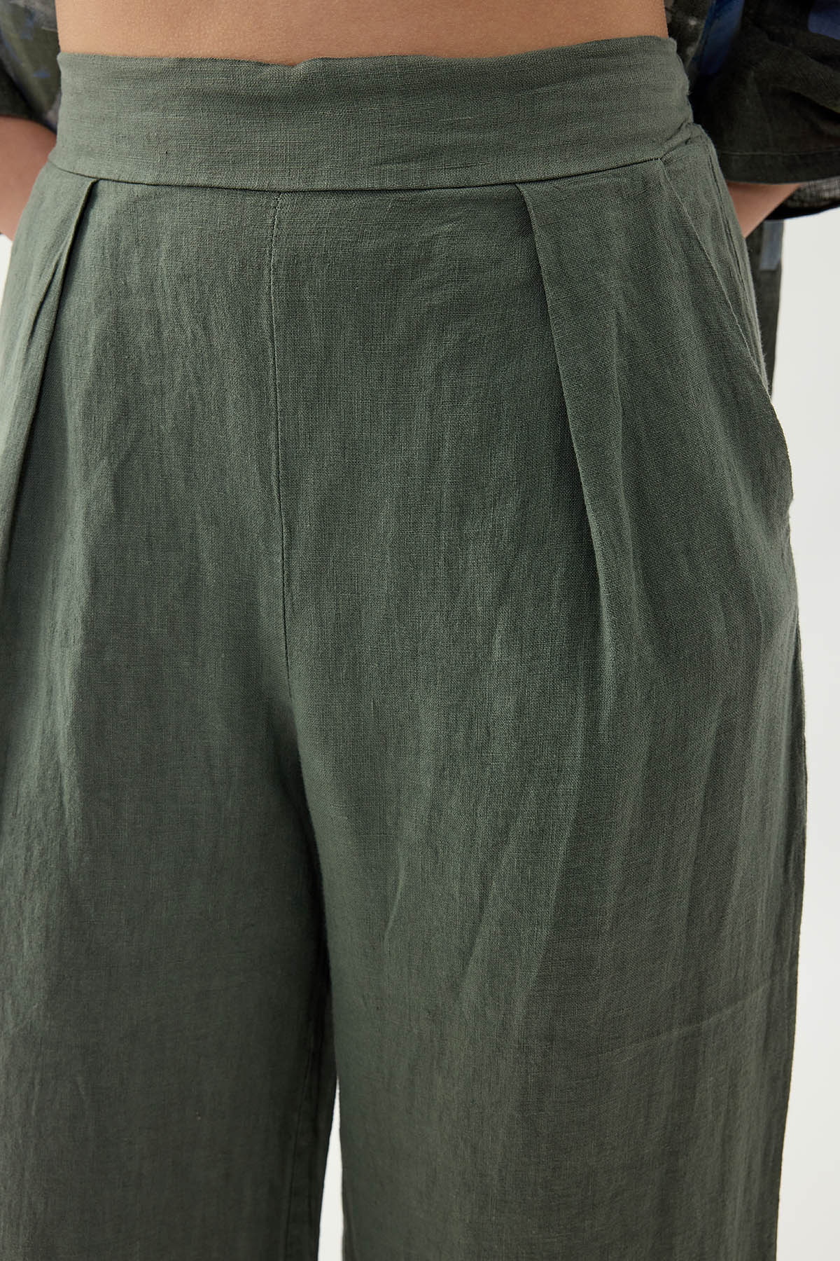 %100 Keten Beli Lastikli Önü Pileli Pantolon - Thumbnail