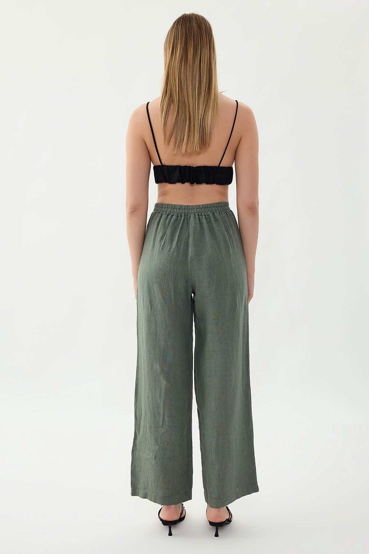 %100 Keten Beli Lastikli Önü Pileli Pantolon - Thumbnail