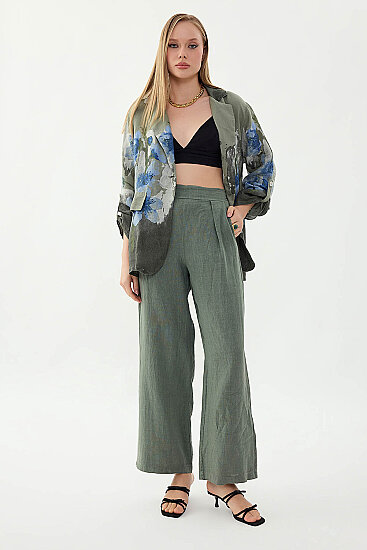 %100 Keten Beli Lastikli Önü Pileli Pantolon - 2