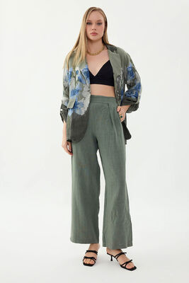 %100 Keten Beli Lastikli Önü Pileli Pantolon (1)