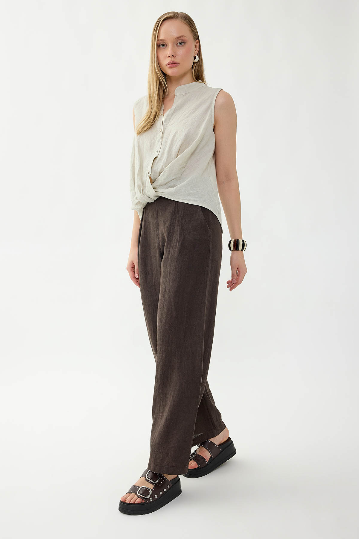 %100 Keten Beli Lastikli Önü Pileli Pantolon - Thumbnail