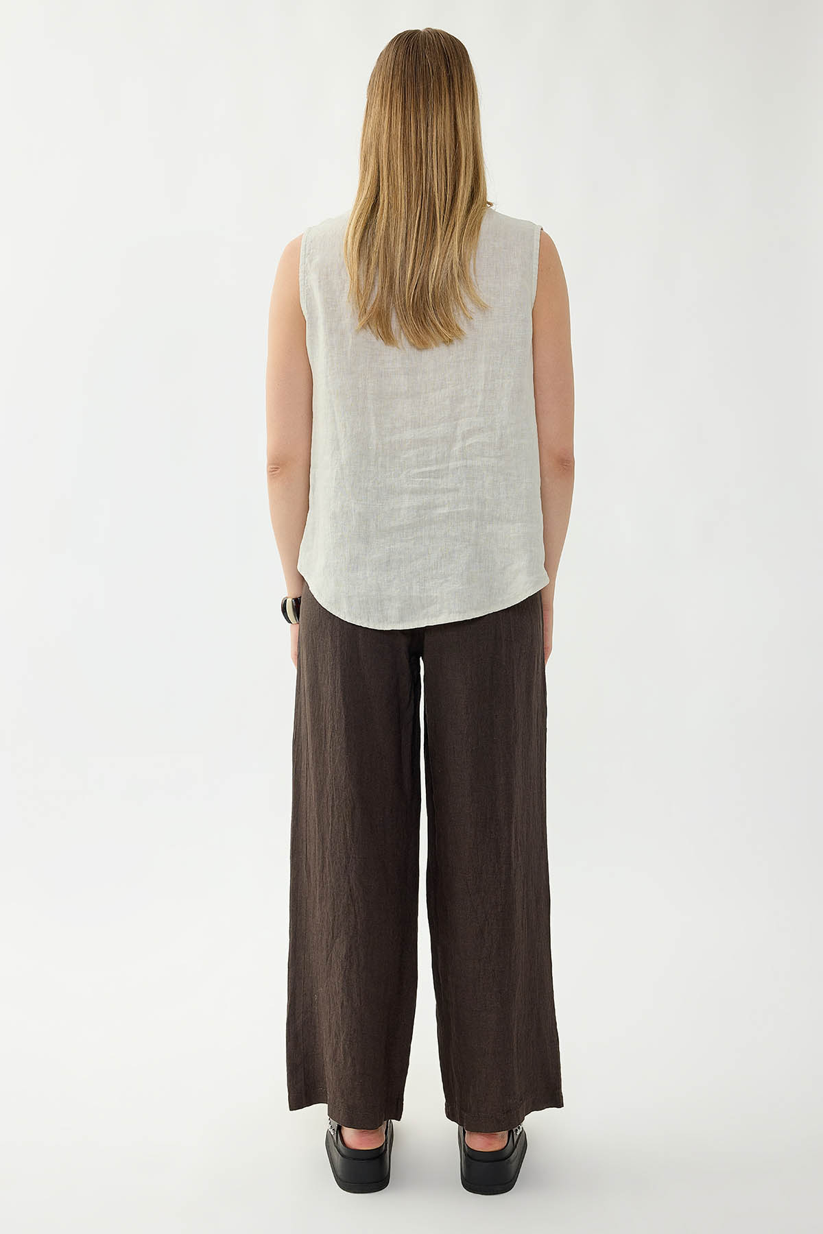 %100 Keten Beli Lastikli Önü Pileli Pantolon - Thumbnail