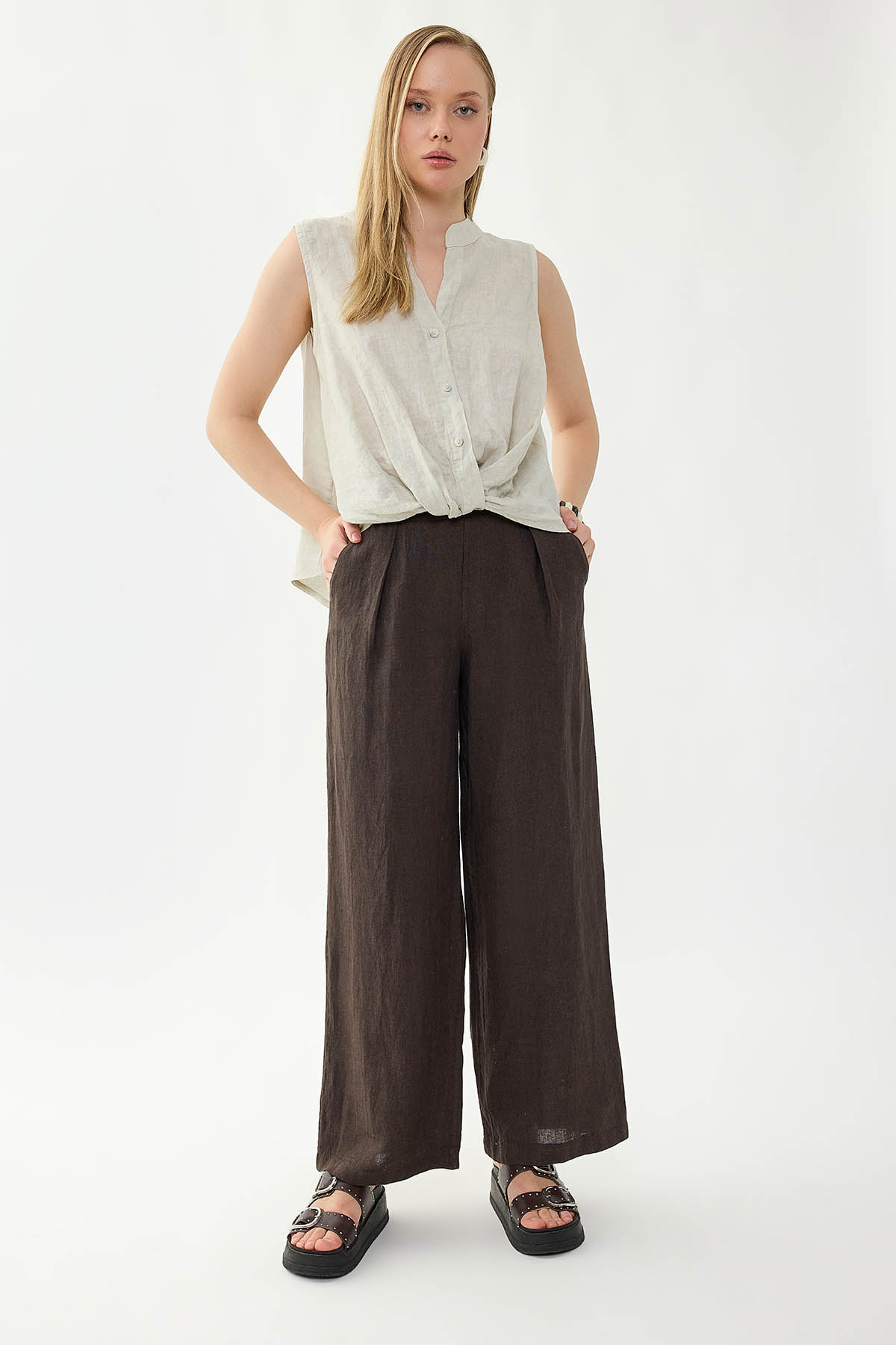 %100 Keten Beli Lastikli Önü Pileli Pantolon - Thumbnail