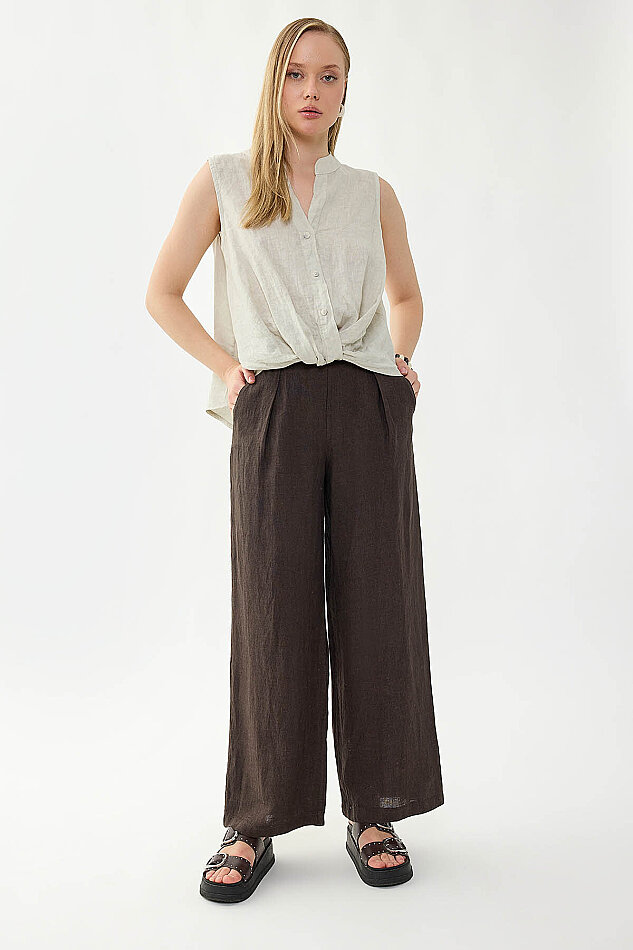 %100 Keten Beli Lastikli Önü Pileli Pantolon - 13