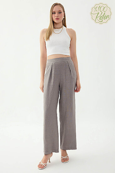 %100 Keten Beli Lastikli Önü Pileli Pantolon - 14