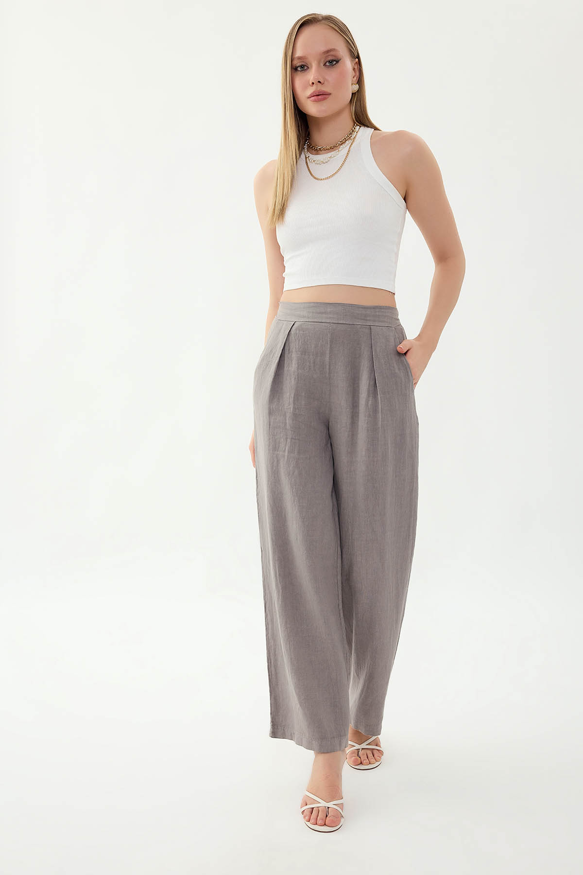 %100 Keten Beli Lastikli Önü Pileli Pantolon - Thumbnail