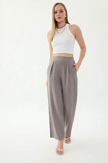 %100 Keten Beli Lastikli Önü Pileli Pantolon - 15