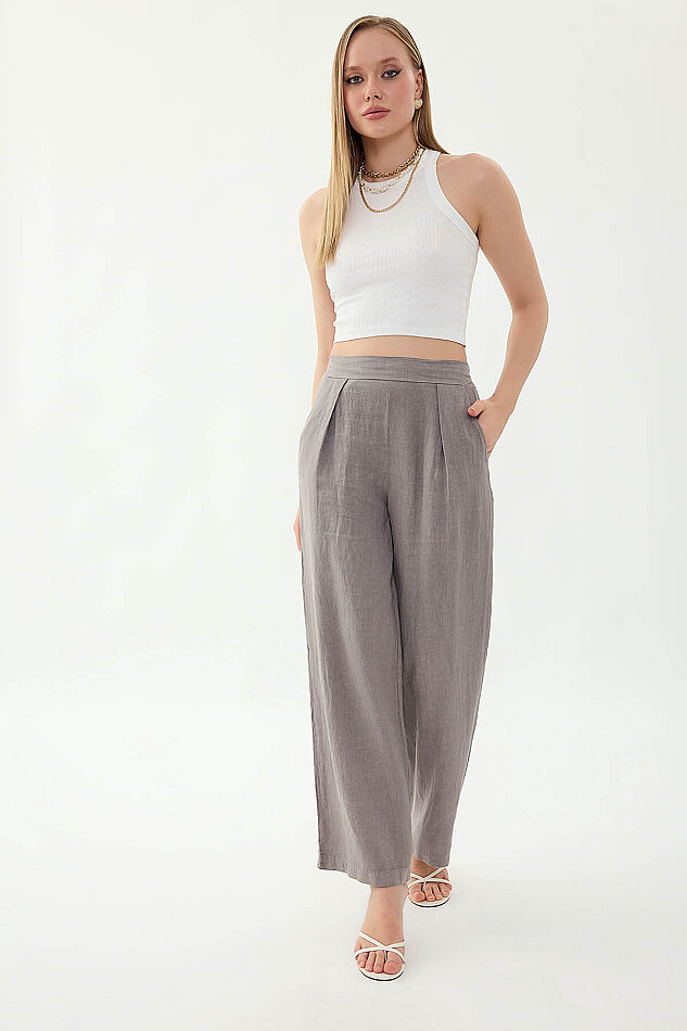 %100 Keten Beli Lastikli Önü Pileli Pantolon - 15