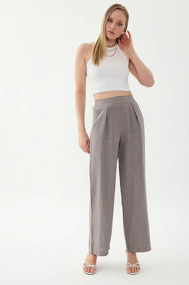 %100 Keten Beli Lastikli Önü Pileli Pantolon - 16