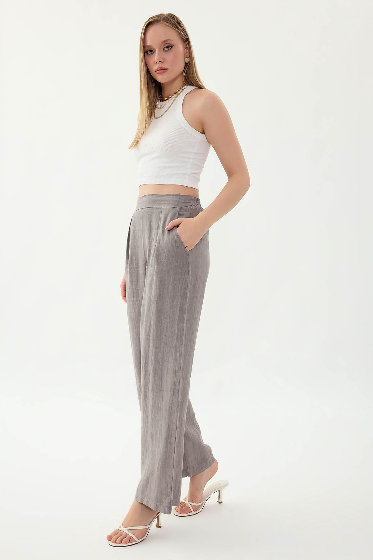 %100 Keten Beli Lastikli Önü Pileli Pantolon - Thumbnail