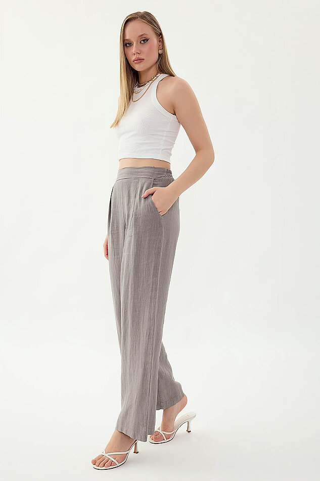 %100 Keten Beli Lastikli Önü Pileli Pantolon - 17