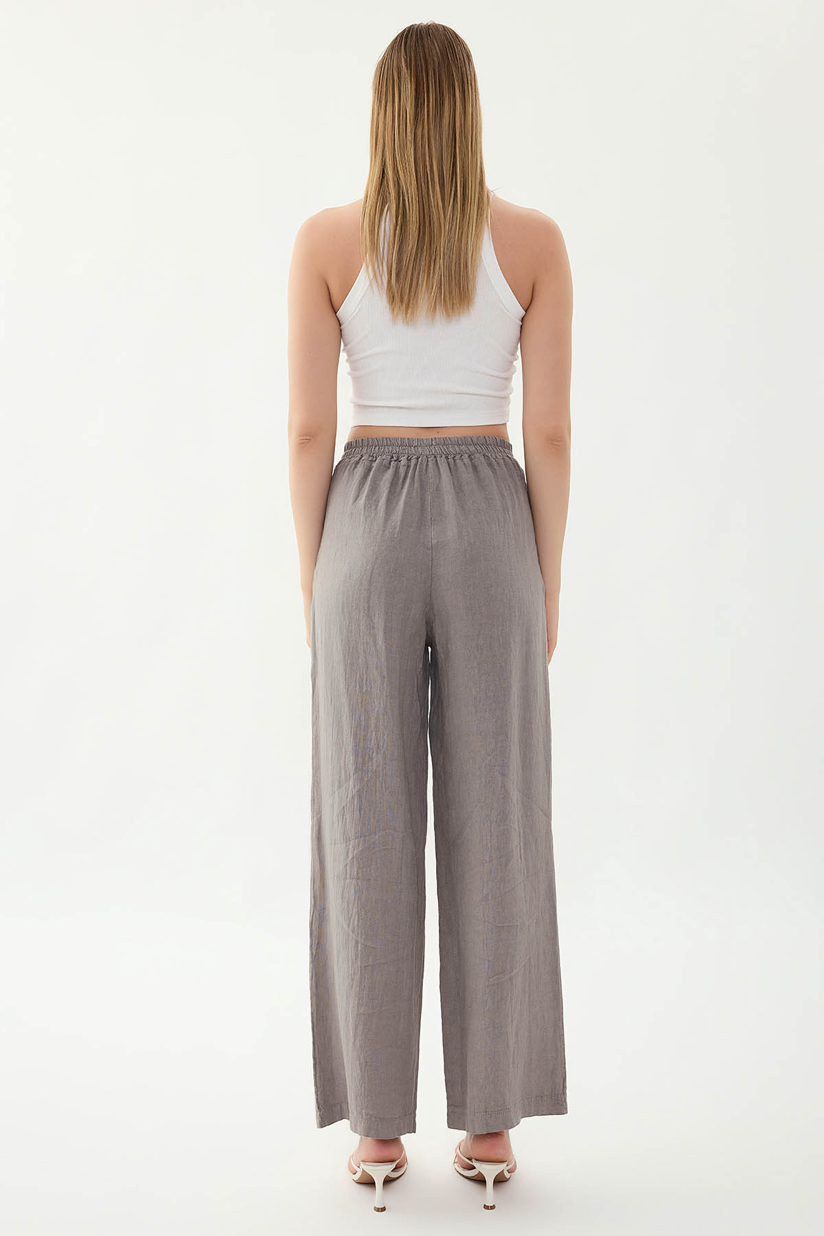 %100 Keten Beli Lastikli Önü Pileli Pantolon - Thumbnail