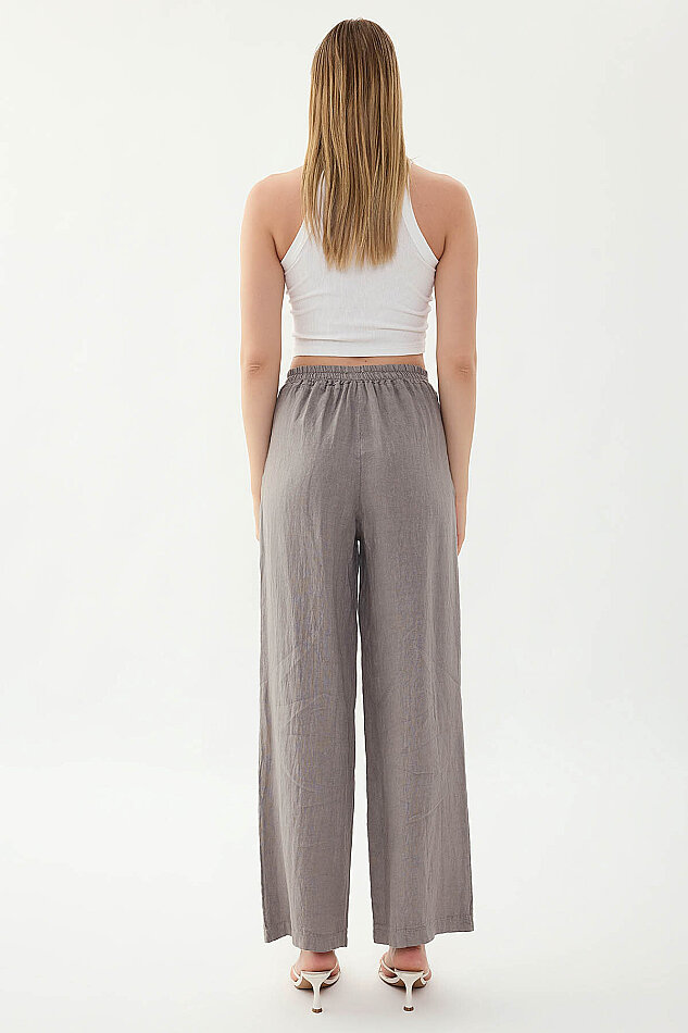 %100 Keten Beli Lastikli Önü Pileli Pantolon - 18