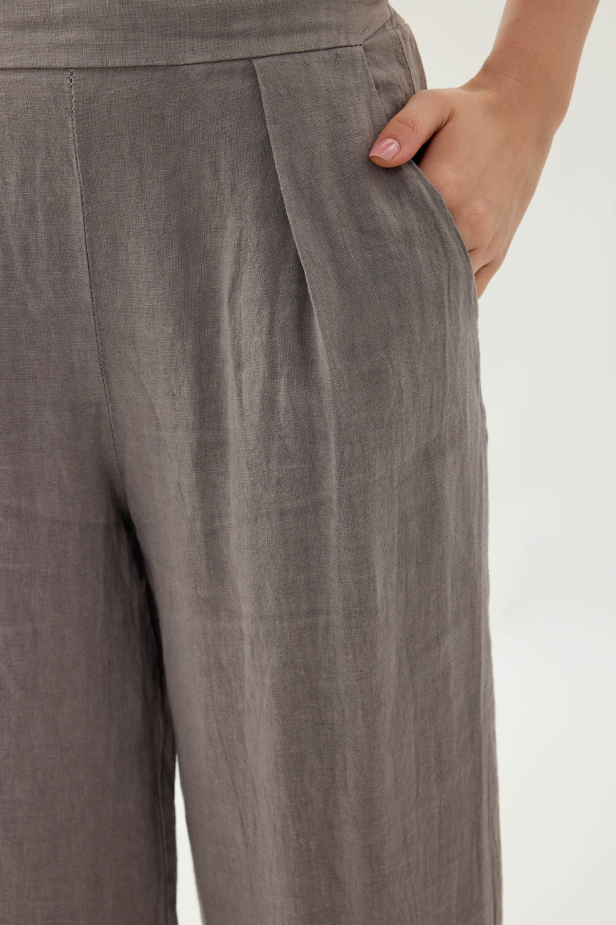 %100 Keten Beli Lastikli Önü Pileli Pantolon - Thumbnail