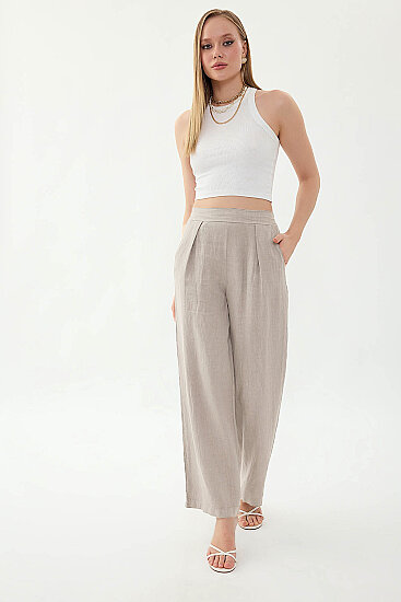 %100 Keten Beli Lastikli Önü Pileli Pantolon - 21