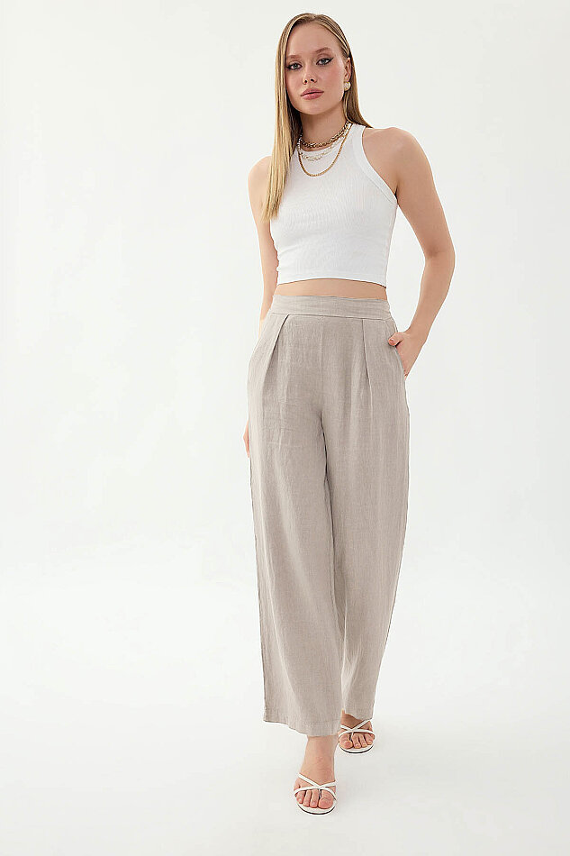 %100 Keten Beli Lastikli Önü Pileli Pantolon - 21